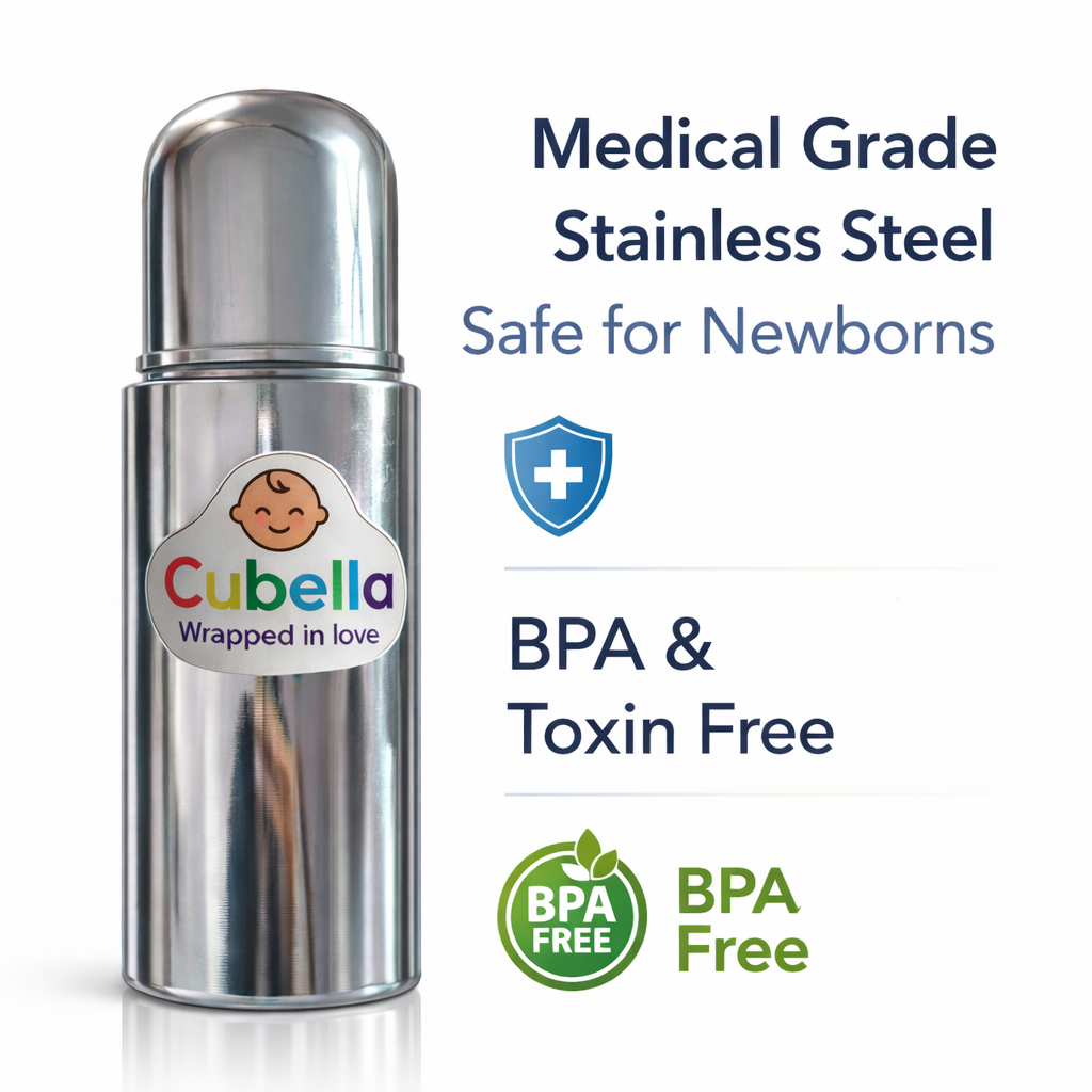 Cubella Stainless Steel Baby Feeding Bottle with Cap – Milk & Water Storage Bottle (Silver)
