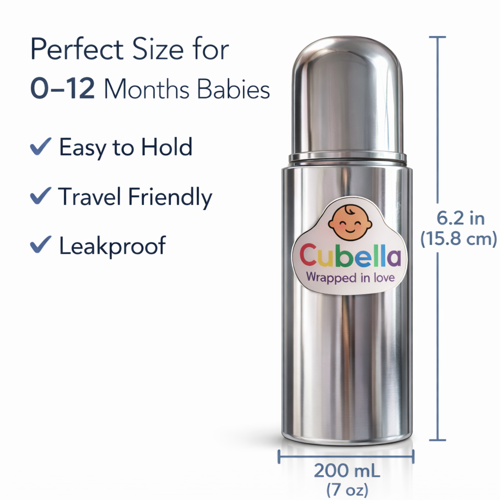 Cubella Stainless Steel Baby Feeding Bottle with Cap – Milk & Water Storage Bottle (Silver)