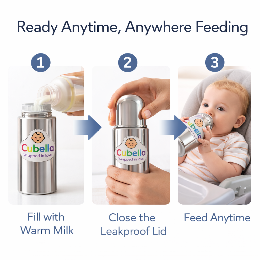Cubella Stainless Steel Baby Feeding Bottle with Cap – Milk & Water Storage Bottle (Silver)